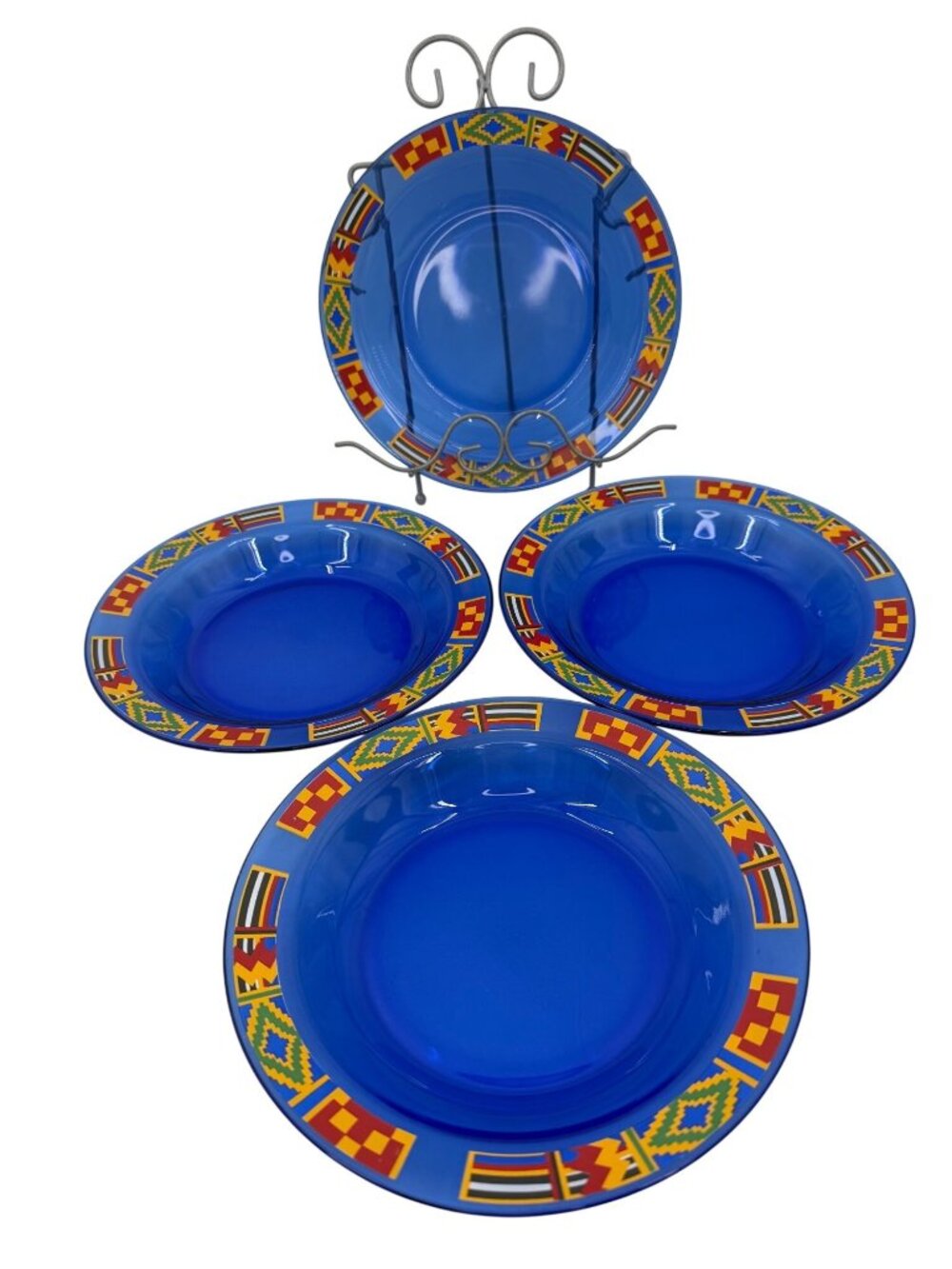 SET OF 4 COBALT BLUE GLASS ARCOROC 22 FRANCE KENTE FLAG 8.5" BOWLS